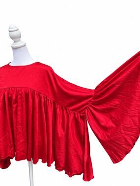 Mazik Red Satin Babydoll Blouse Small Dramatic Bell Sleeves Flowy Top